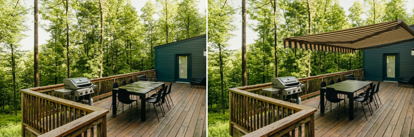 The same deck shown before, and after a retractable awning is added with the Champs awning visualizer